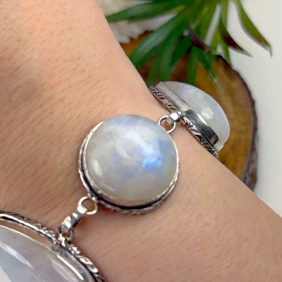 Rainbow Moonstone Extra Chunky Bracelet Pear Round Sterling Silver 925 Overlay - Picture 7 of 11